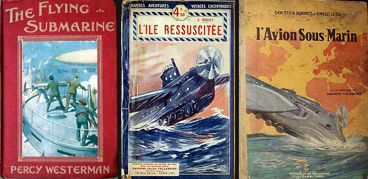 Early sci-fi art of the flying submarines submersible aircrafts lietajúca ponorka ponorné lietadlo